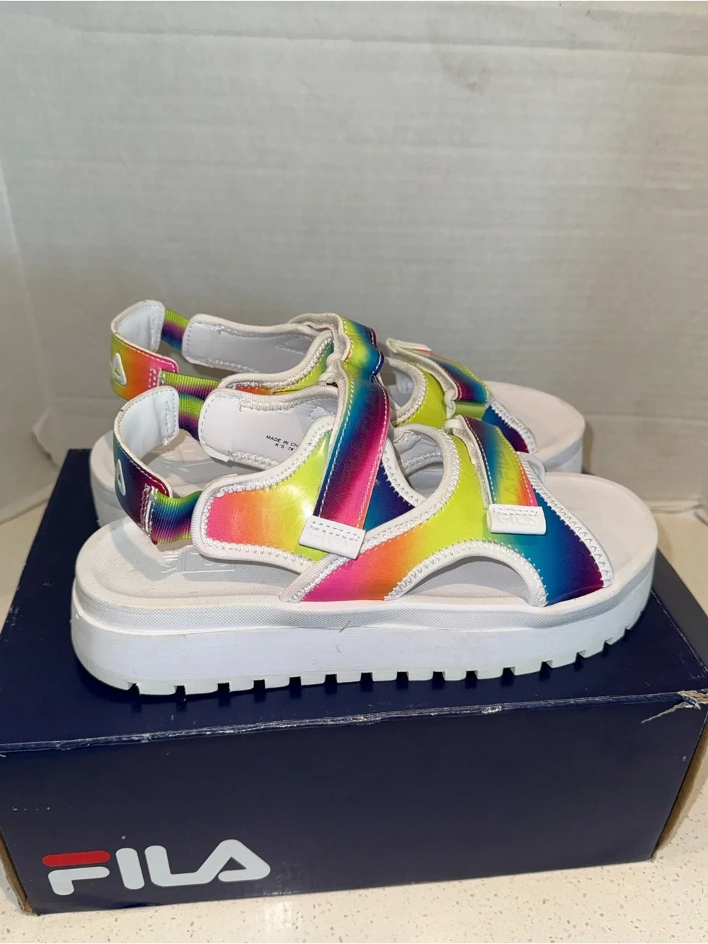 Fila Kids Rainbow Strappy Platform Sandals - White & Multicolor